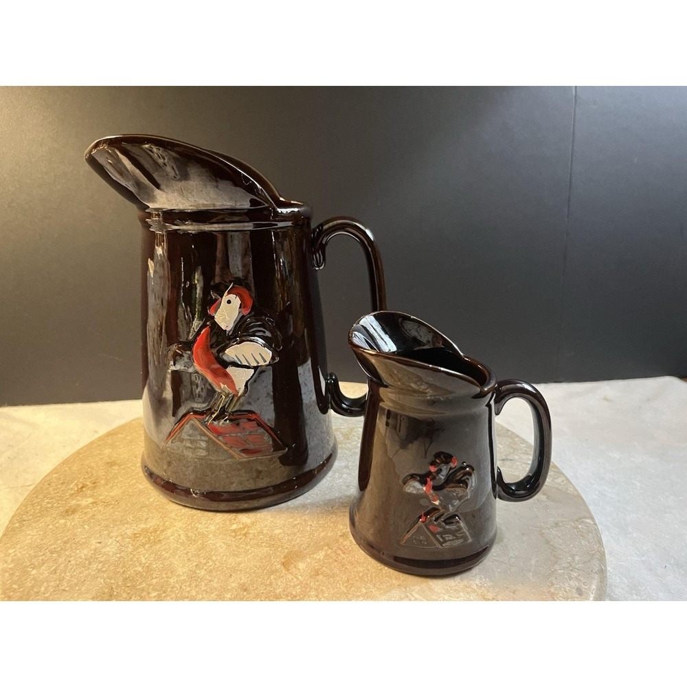 Vintage 50's Redware Pancake 7 Batter and 5.5 Syrup Rooster Pitchers Set of 2